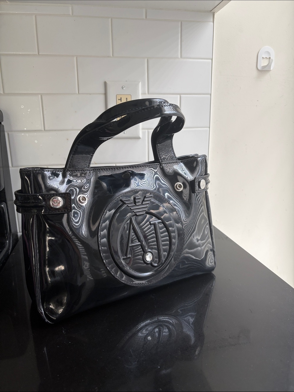Vintage Armani Jeans Black Glossy Tote Bag with AJ Logo